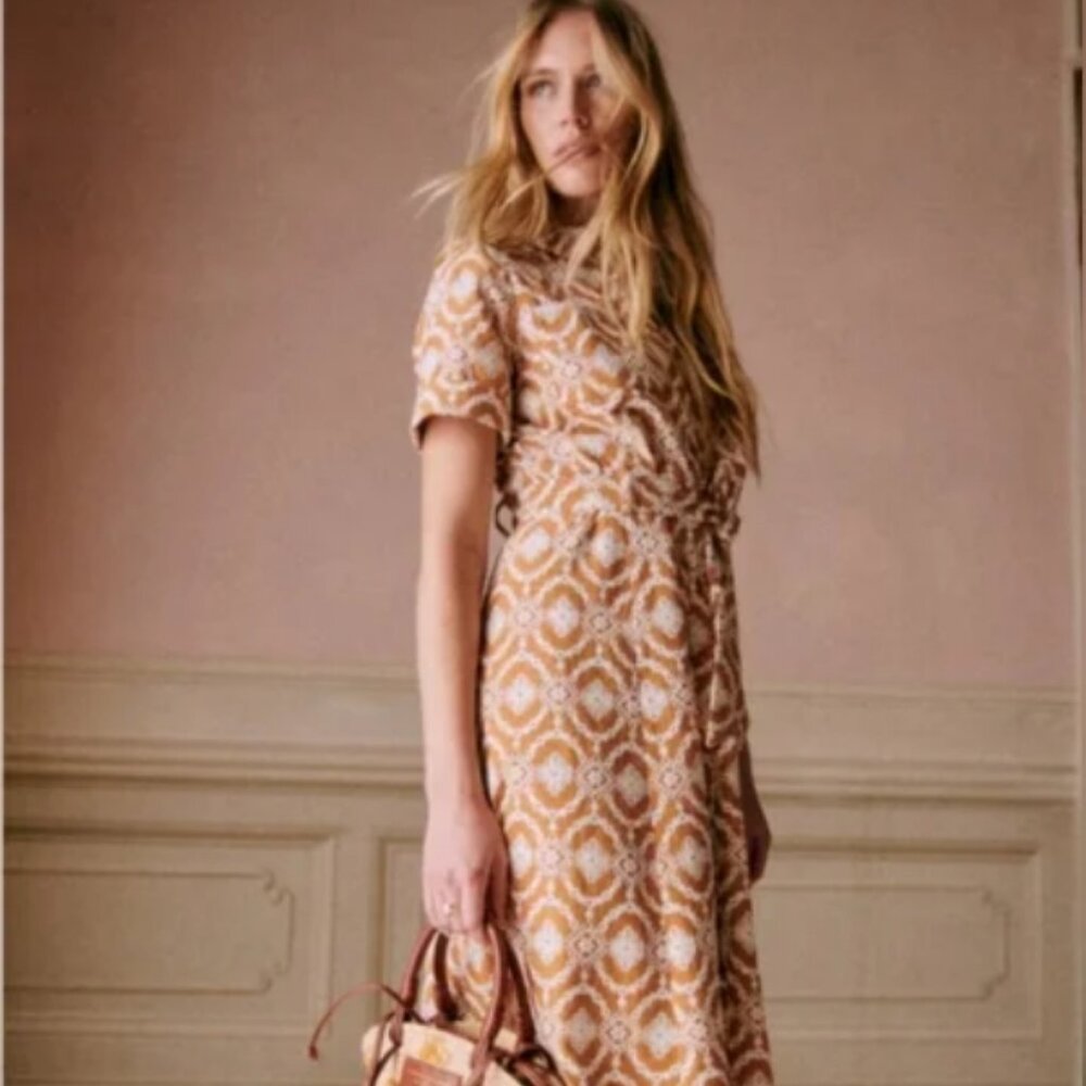 Sezane Adèle Dress Ecru Embroidery On Ochre Background - Size 8